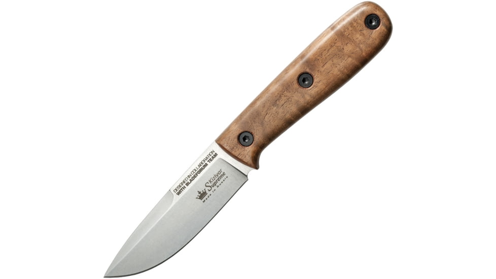 Kizlyar Colada Bohler Knife, 8.5in Overall, 4in Satin Blade, Walnut Handle, Bohler K340 SS Blade, Black Leather Sheath, KK0115