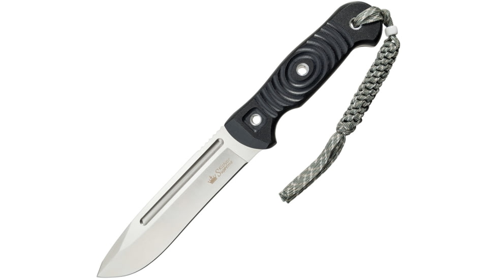 Kizlyar Maximus Sleipner G10 Knife, 10.75in Overall, 5.75in Satin Drop Point, Black Grooved G10 Handle, Sleipner Steel Blade, Camo Nylon Sheath, KK0035