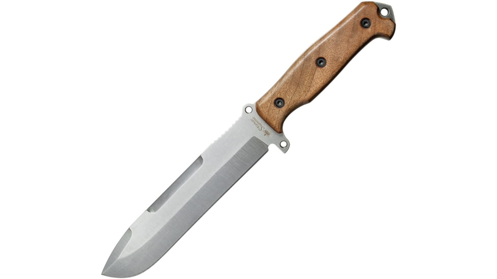 Kizlyar Survivalist Full g Knife, 13in Overall, 7.5in Satin Aus-8 SS Drop Point, Brown Wood Handle, Glass Breaker, Dual Lashing Holes, Camo Nylon Sheath, KK0241