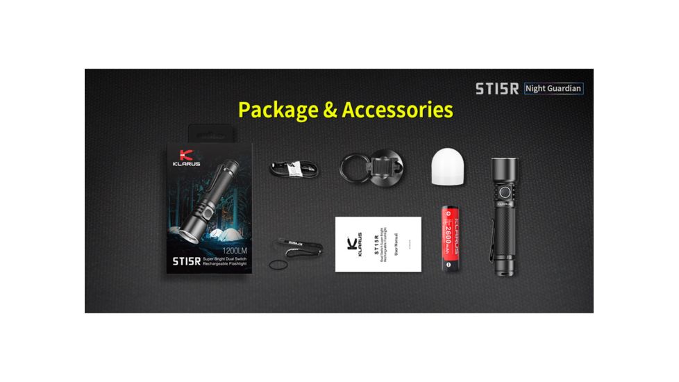Klarus ST15R Night Guardian Rechargeable LED Flashlight, Black, ST15R