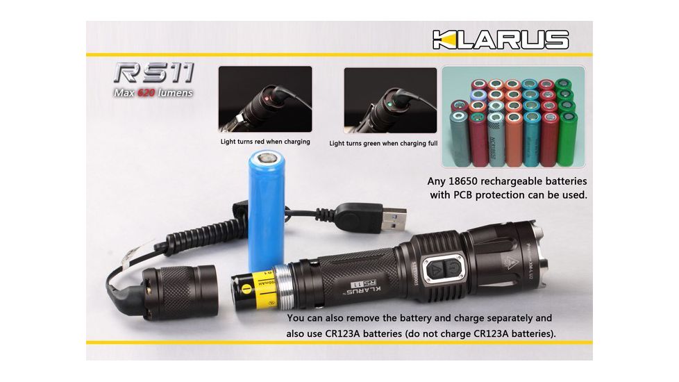 Klarus RS11 Rechargeable Flashlight Cree XM-L 620 Lumens Uses 1 x 18650, Black RS11