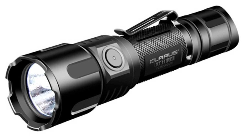 Klarus XT11UV 1 x 18650/ 2 x CR123A CREE XP-L HI V3 LED Rechargeable Flashlight, 900 Lumens, 3 x 365nm UV Lamps, Black, XT11UV