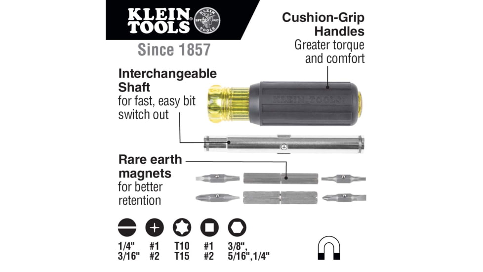 Klein Tools 11in1 Magnetic Screwdriver/Nut Driver, Yellow/Black, 32500MAG