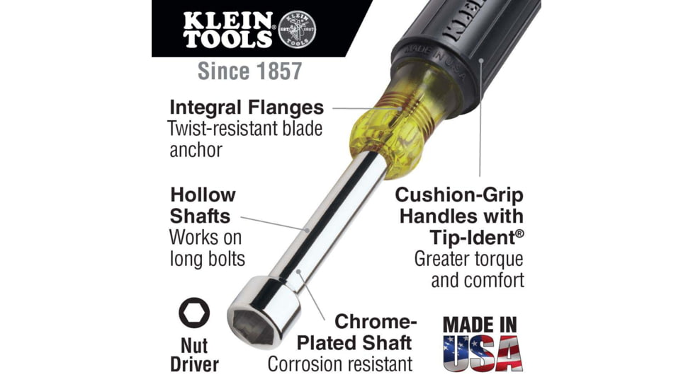 Klein Tools 7/16In Hollow Nut Driver, 3In, Cushion-Grip, Black/Yellow, 630-7/16