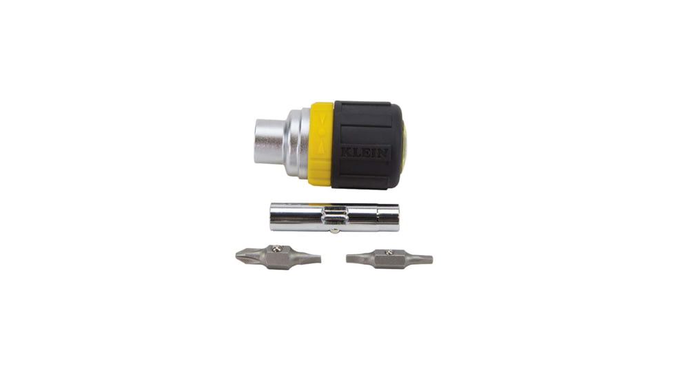 Klein Tools 6in1 Multi-Bit Ratcheting Screwdriver, Stubby, Ph, Sl, Sq, Nut Bits, Black/Yellow, 32594