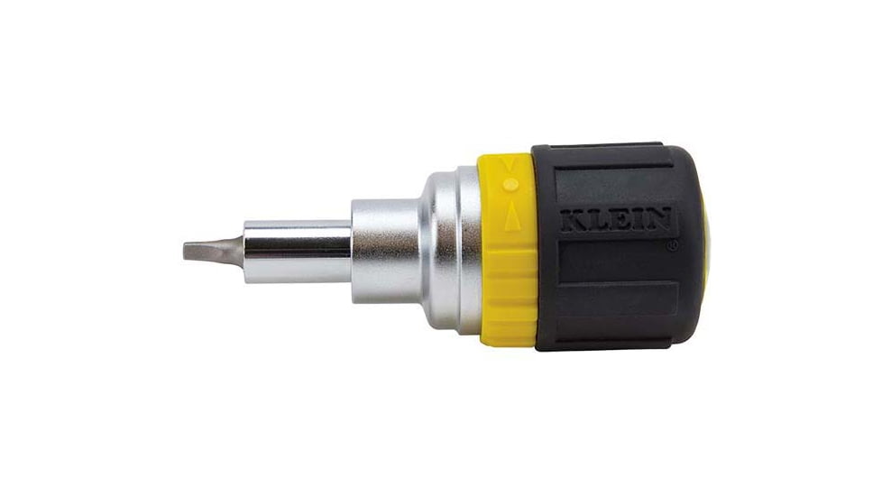 Klein Tools 6in1 Multi-Bit Ratcheting Screwdriver, Stubby, Ph, Sl, Sq, Nut Bits, Black/Yellow, 32594