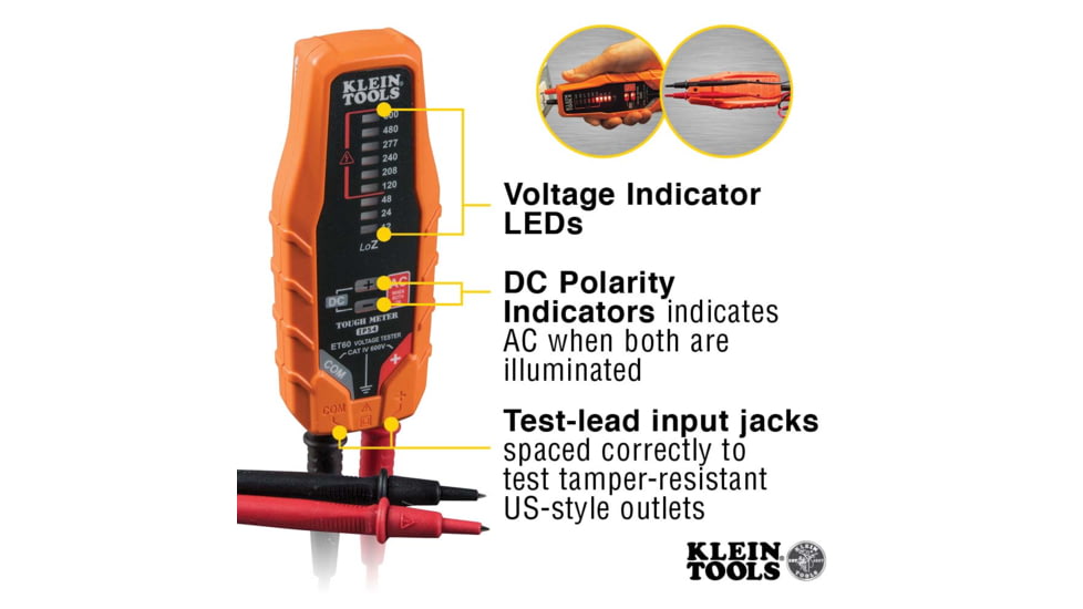 Klein Tools Electronic AC/ DC Voltage Tester, 12 - 600V, Orange/Black, ET60