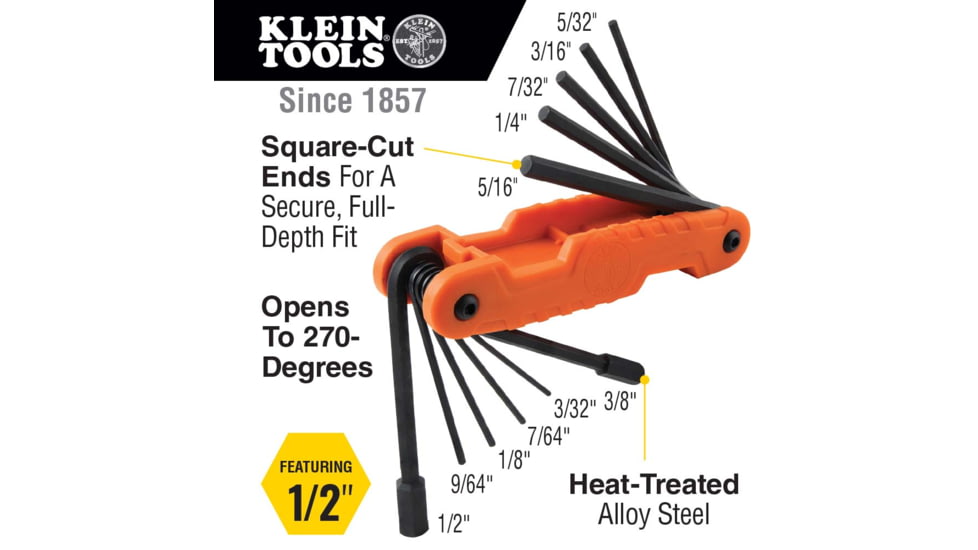 Klein Tools Folding Hex Key Set -11 Fractional Inch-Sized Keys Pro, 70550