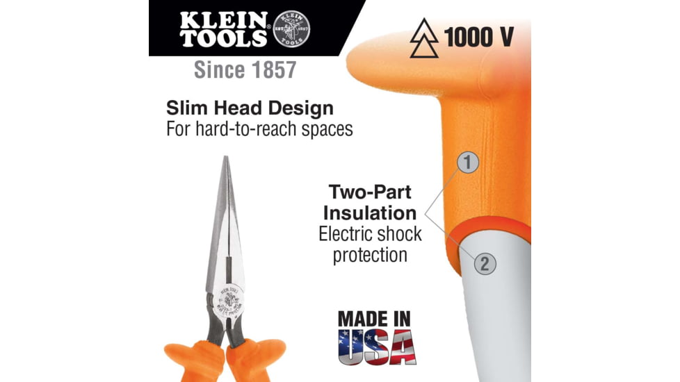 Klein Tools Long Nose Side-Cutters Pliers, Insulated, 7In, Orange, D203-7-INS