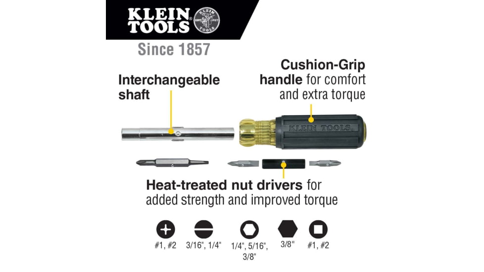 Klein Tools Multi-Bit Screwdriver/Nut Driver, 10in1, Heavy Duty, Black/Yellow, 32557