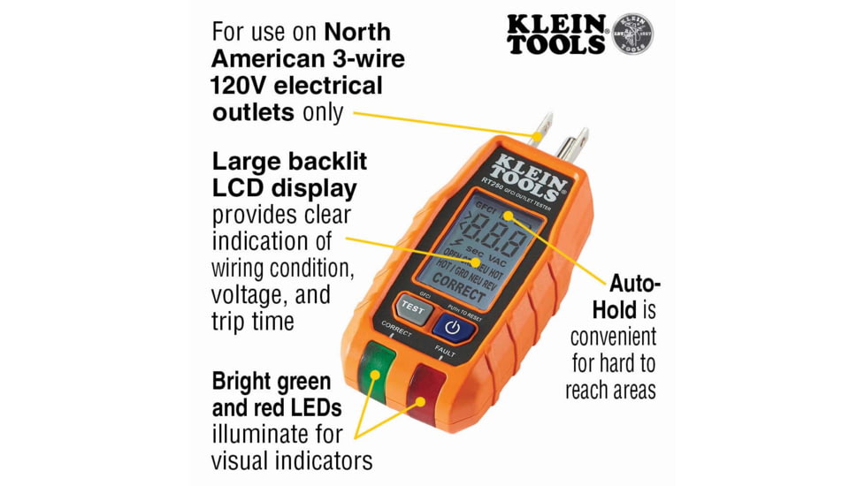 Klein Tools GFCI Receptacle Tester w/LCD, Orange/Black, RT250