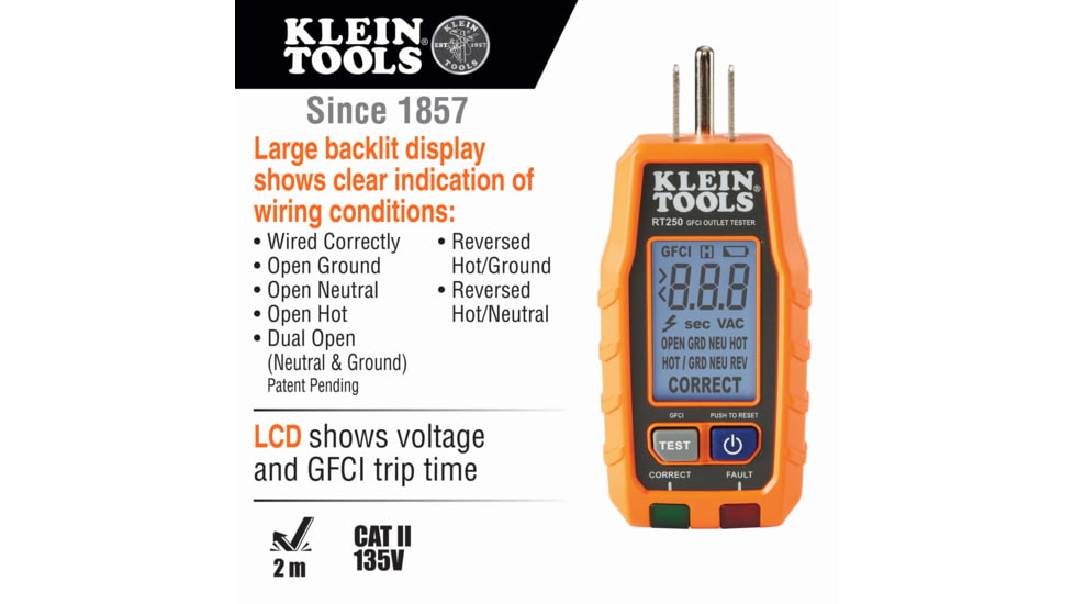 Klein Tools GFCI Receptacle Tester w/LCD, Orange/Black, RT250