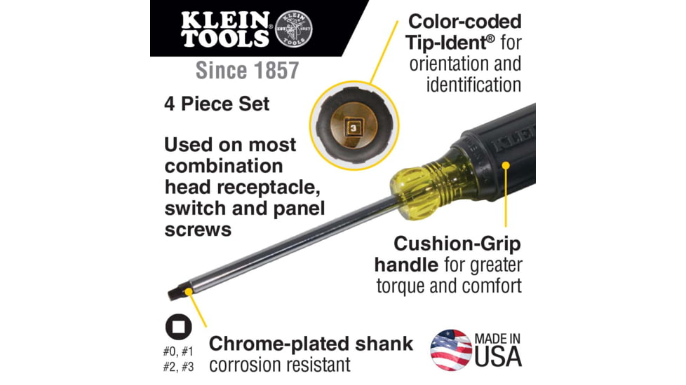 Klein Tools Square Reces Screwdriver Set, 4Piece, Black/Yellow, 85664