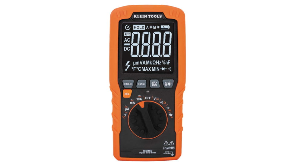 Klein Tools TRMS Auto-Ranging Slim Digital Multimeter, 600V, Temp, Orange/Black, MM450