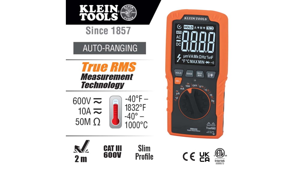Klein Tools TRMS Auto-Ranging Slim Digital Multimeter, 600V, Temp, Orange/Black, MM450