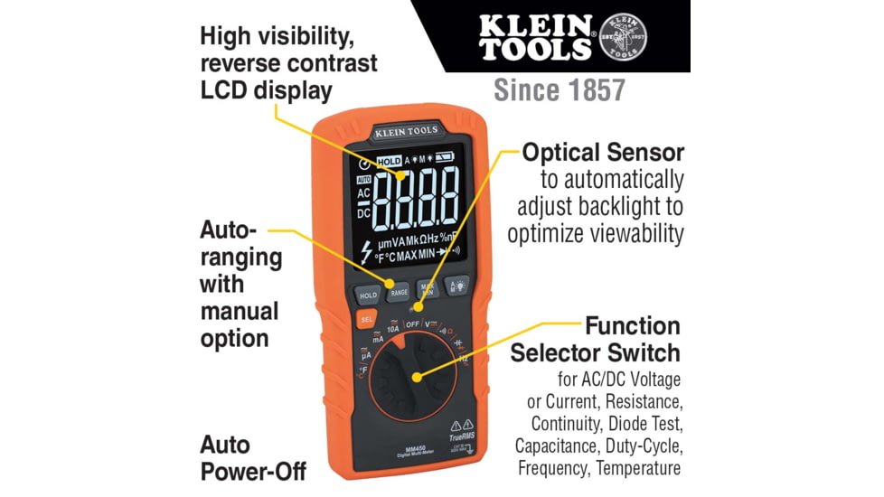 Klein Tools TRMS Auto-Ranging Slim Digital Multimeter, 600V, Temp, Orange/Black, MM450