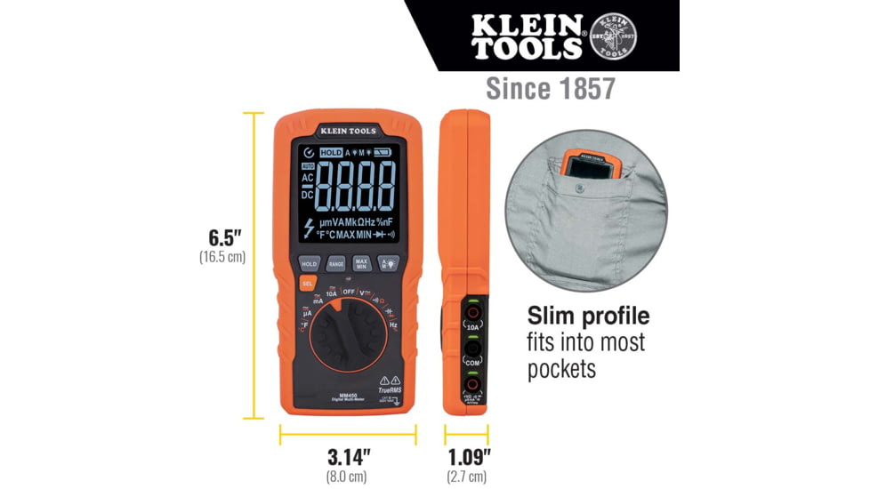 Klein Tools TRMS Auto-Ranging Slim Digital Multimeter, 600V, Temp, Orange/Black, MM450