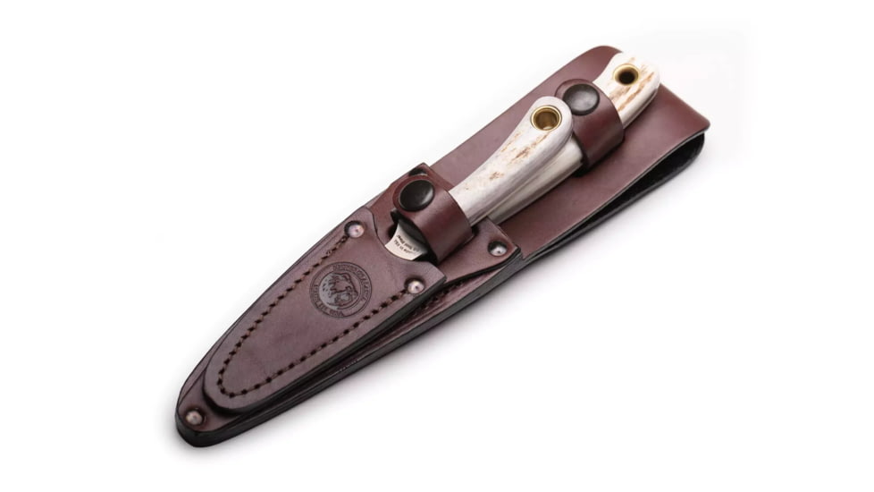 Knives of Alaska Alpha Wolf / Cub Bear Combo Fixed Blade Knives, 3in / 2.75in, CPM MagnaCut Stainless Steel, Drop Point /Caping Blade, Stag, Brown And White Sculpted Bone Handle, 00373FG