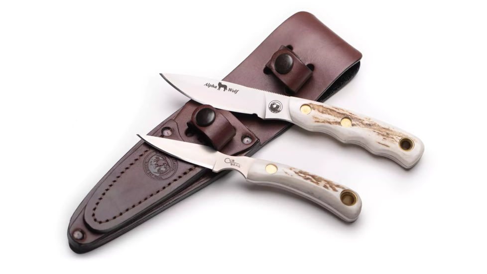 Knives of Alaska Alpha Wolf / Cub Bear Combo Fixed Blade Knives, 3in / 2.75in, CPM MagnaCut Stainless Steel, Drop Point /Caping Blade, Stag, Brown And White Sculpted Bone Handle, 00373FG