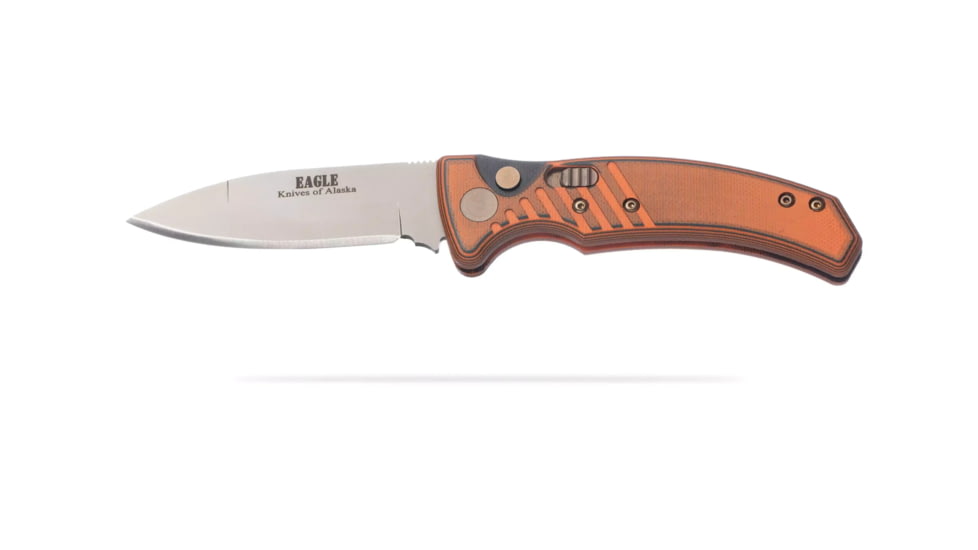 Knives of Alaska Eagle Auto Automatic Folding Knife, 2.9in, CPM MagnaCut Stainless Steel, Spear Point Blade, G10, Orange/Black Handle, 00958FG