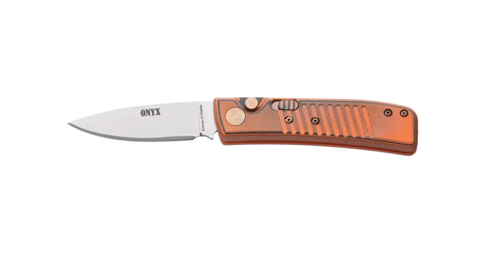 Knives of Alaska Onyx Auto Automatic Folding Knife, 2.6in, CPM MagnaCut Stainless Steel, Drop Point Blade, G10, Orange/Black Handle, 00955FG