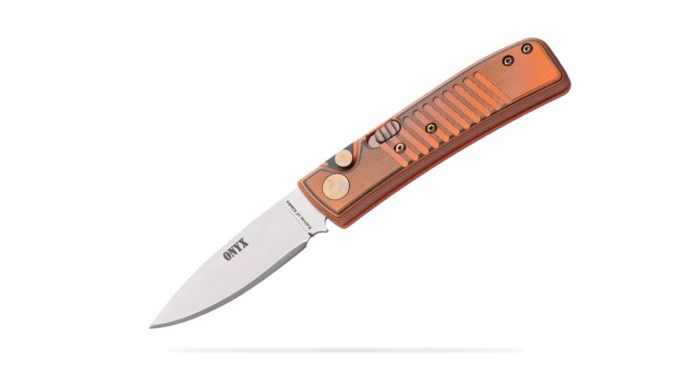 Knives of Alaska Onyx Auto Automatic Folding Knife, 2.6in, CPM MagnaCut Stainless Steel, Drop Point Blade, G10, Orange/Black Handle, 00955FG