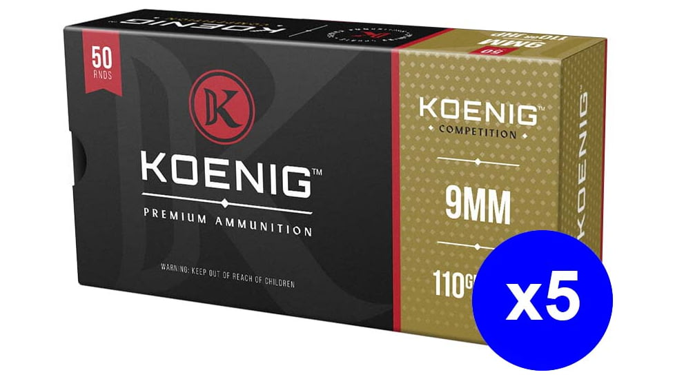Koenig Competition Match , 9mm Luger, 110 grain, Jacketed Hollow Point, Brass, Centerfire Pistol Ammo, 250 Rounds