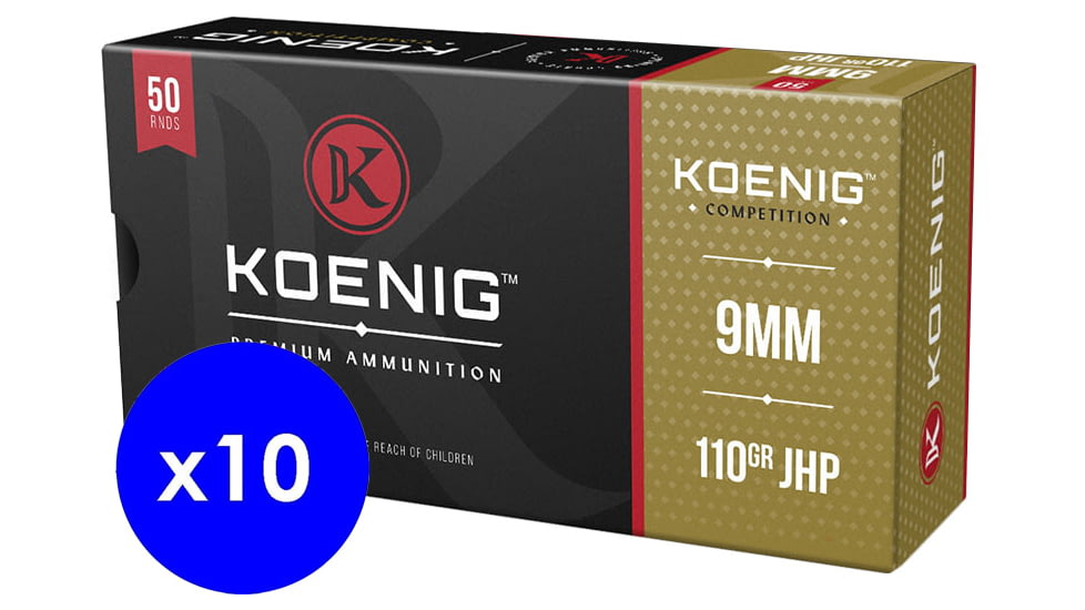 Koenig Competition Match , 9mm Luger, 110 grain, Jacketed Hollow Point, Brass, Centerfire Pistol Ammo, 500 Rounds