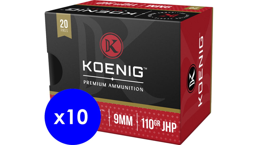 Koenig Defense, 9mm Luger, 110 grain, Jacketed Hollow Point, Brass, Centerfire Pistol Ammo, 200 Rounds, DK9MDEF20