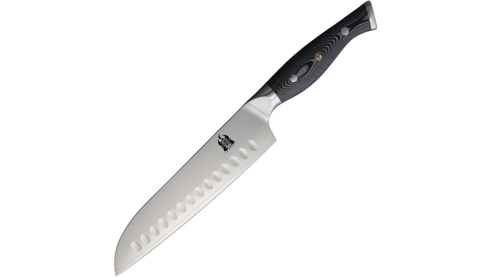 Komoran Santoku Knife, 7.5 Damascus steel blade, Black and white micarta handle, KO030 HO100