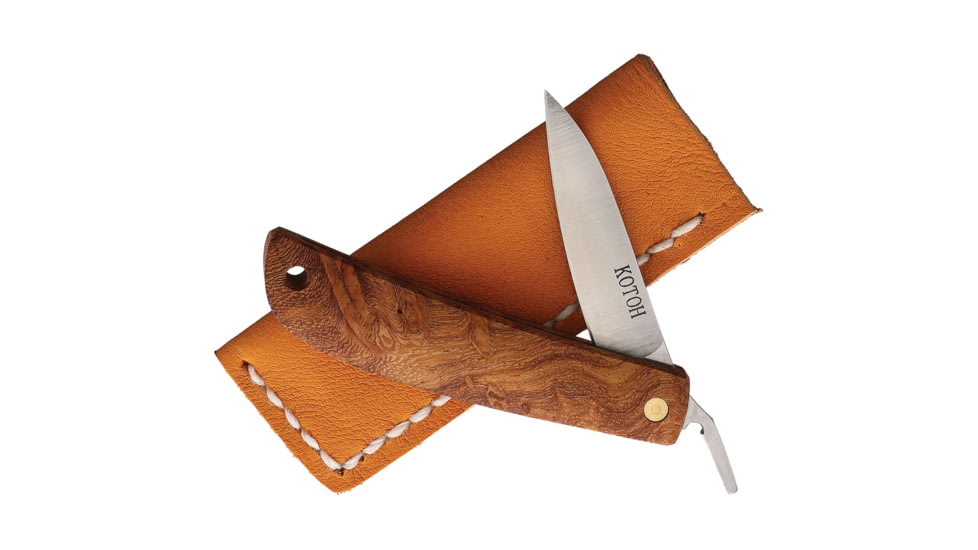 Kotoh Knives Burma Padouk Folding Knife, 4in Closed, 2.25in Satin D2 Tool Steel Blade, Burma Padouk Wood Handle, Leather Sheath, KOTOH422460