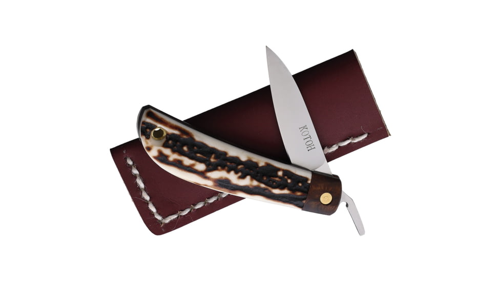 Kotoh Knives 2.25in Stag D2 Folding Knife, 4in Closed, 2.25in Satin D2 Tool Steel Blade, Stag Handle, Leather Sheath, KOTOH422514