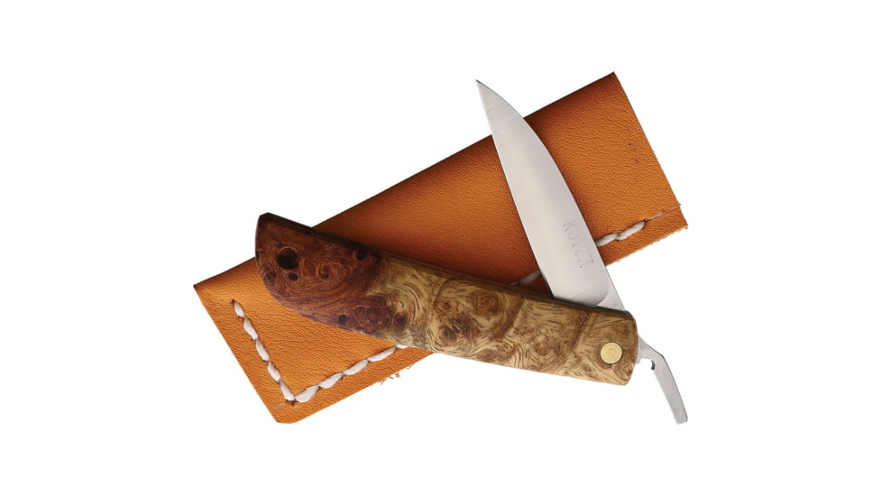 Kotoh Knives VG-10 Burl Folding Knife, 4in Closed, 2.25in Satin VG-10 Stainless Blade, Burl Wood Handle, Leather Sheath, KOTOH12058
