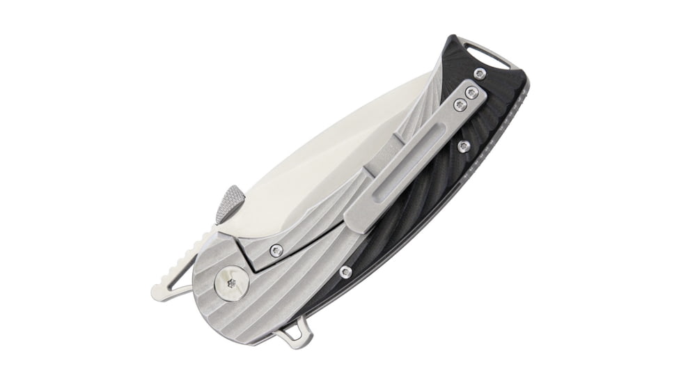 Krudo Discipline Framelock Folding Knife, 3.25in Satin 9Cr18Mov SS Drop Point, Sculpted SS Handle, Thumb Lug, Black G10 Handle Scales, Ceramic Ball Bearing Washers And Ball Detent, KDSC721