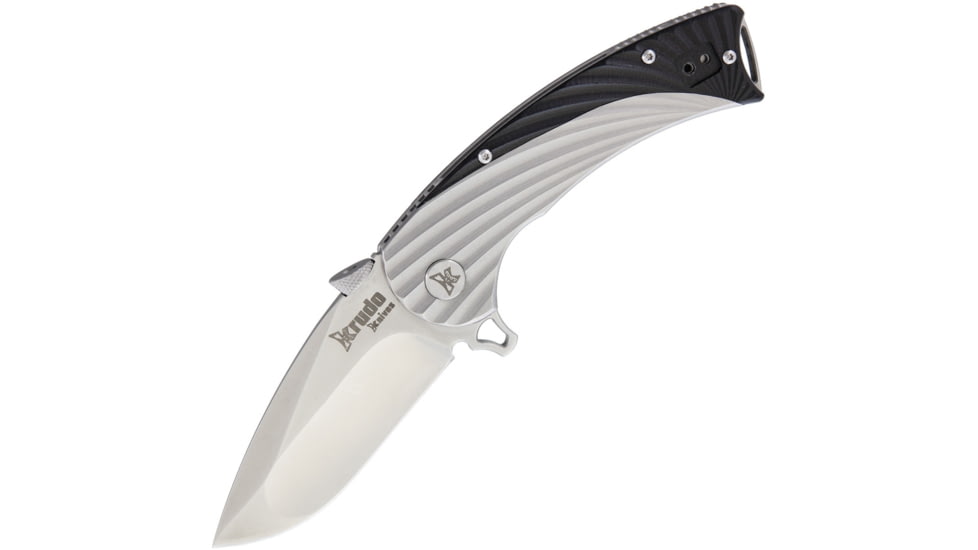 Krudo Discipline Framelock Folding Knife, 3.25in Satin 9Cr18Mov SS Drop Point, Sculpted SS Handle, Thumb Lug, Black G10 Handle Scales, Ceramic Ball Bearing Washers And Ball Detent, KDSC721