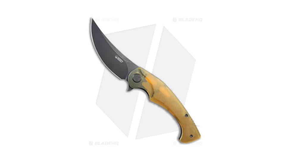 Kubey Scimitar Folding Knife, 3.50in, AUS-10, Trailing Point Blade, Ultem Yellow Handle, Black/Yellow, 8.00in, BHQ-194538