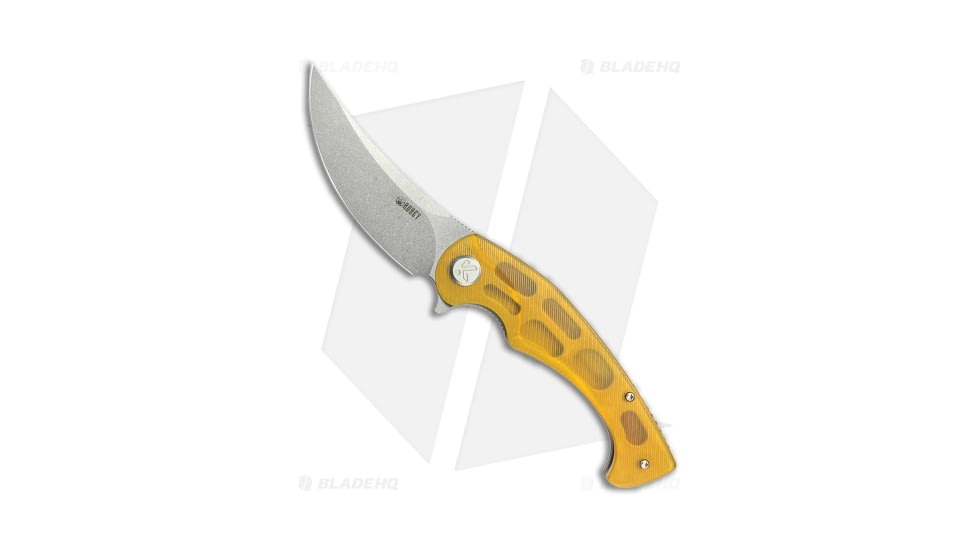 Kubey Scimitar Folding Knife, 3.50in, AUS-10, Trailing Point Blade, Ultem Yellow Handle, Gray/Yellow, 8.00in, BHQ-194537