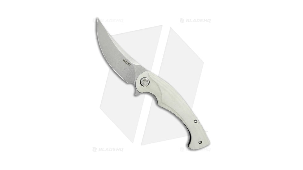 Kubey Scimitar Folding Knife, 3.50in, Sandvik 14C28N, Trailing Point Blade, G10 White Handle, Gray/White, 8.00in, BHQ-194539