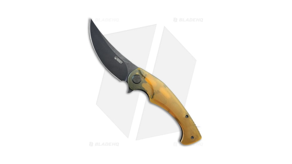 Kubey Scimitar Folding Knife, 3.50in, Sandvik 14C28N, Trailing Point Blade, Ultem Yellow Handle, Black/Yellow, 8.00in, BHQ-199556