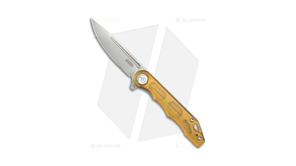 Kubey Tiguass Mizo Folding Knife, 3.15in, AUS-10, Drop Point Blade, Ultem Yellow Handle, Gray/Yellow, 7.20in, BHQ-194549