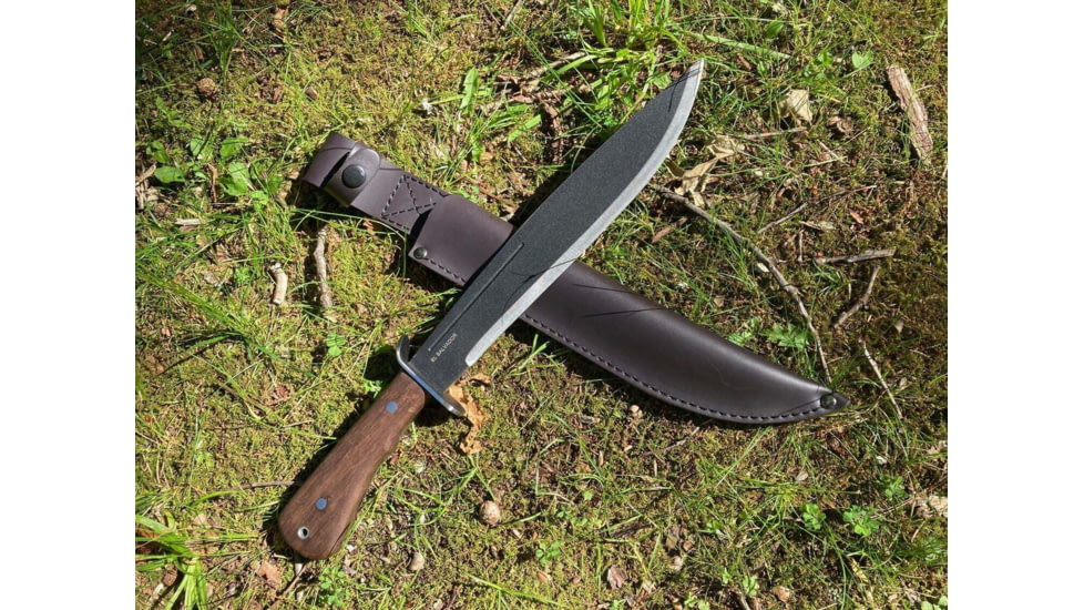Kukrax Kukri 180 Fixed Blade Knife, 15.75in Overall, 11.5in Black Traction Coated 1075HC Steel Blade, Walnut Handle, Black Leather Belt Sheath, KU-1134