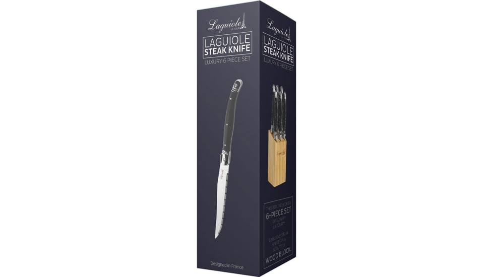 Laguiole LA TOUR Luxury Steak Knife Set Kitchen Knives, Steak Knife Set, 9in Overall, 4.25in Mirror Serrated SS Blade, Black ABS Handle, SS Bolster, Storage Block, Set Of Six, KLB