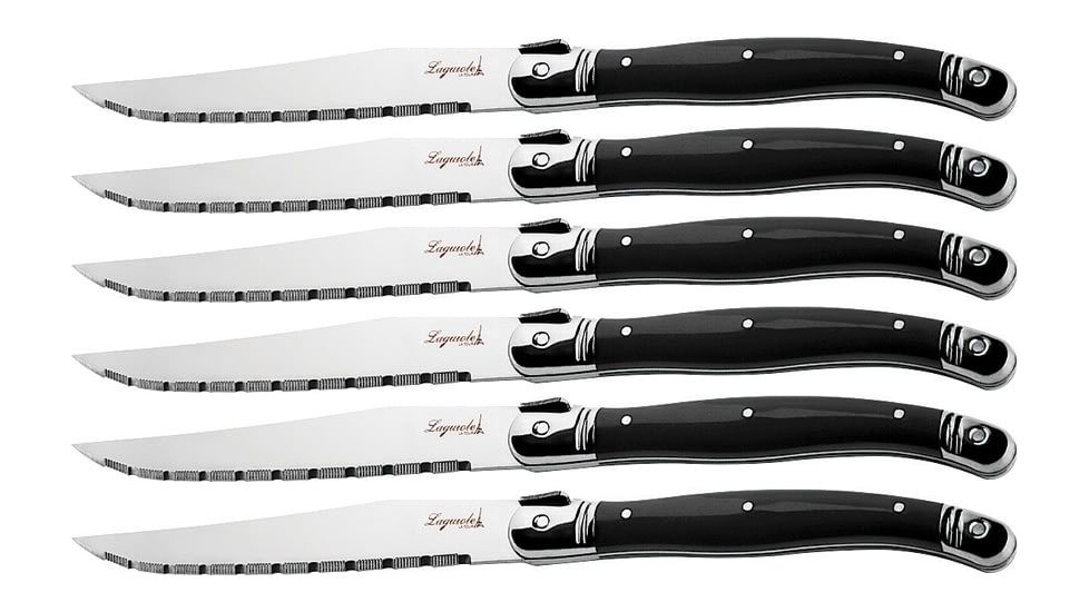 Laguiole LA TOUR Luxury Steak Knife Set Kitchen Knives, Steak Knife Set, 9in Overall, 4.25in Mirror Serrated SS Blade, Black ABS Handle, SS Bolster, Storage Block, Set Of Six, KLB