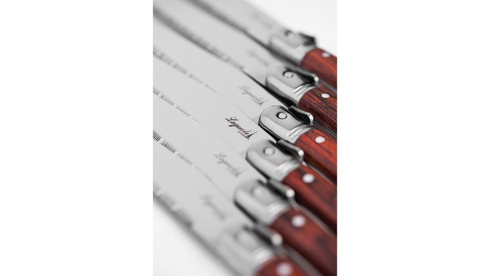 Laguiole LA TOUR Premium Steak Knife Set Kitchen Knives, 9in Overall, 4.25in Mirror Serrated SS Blade, Brown Wood Handle, SS Bolster, Set Of Six, Black Wood Storage Case, KPWD