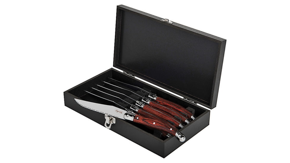 Laguiole LA TOUR Premium Steak Knife Set Kitchen Knives, 9in Overall, 4.25in Mirror Serrated SS Blade, Brown Wood Handle, SS Bolster, Set Of Six, Black Wood Storage Case, KPWD
