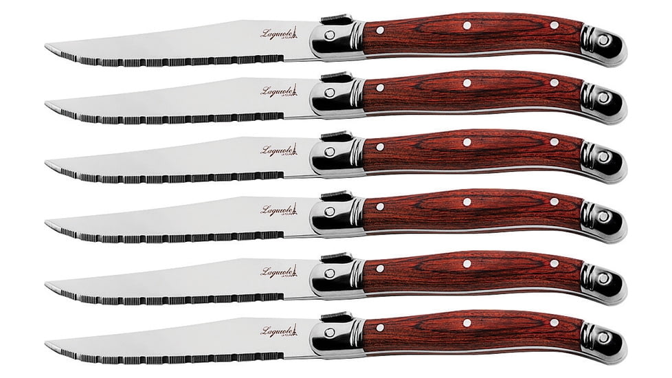 Laguiole LA TOUR Premium Steak Knife Set Kitchen Knives, 9in Overall, 4.25in Mirror Serrated SS Blade, Brown Wood Handle, SS Bolster, Set Of Six, Black Wood Storage Case, KPWD