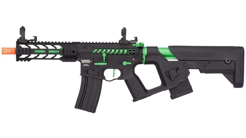 Lancer Tactical Proline Enforcer Battle Hawk 7in Skeleton M4 Airsoft Rifle w/ Alpha Stock, Black/Green, LT-34BCZ7-G2-ME