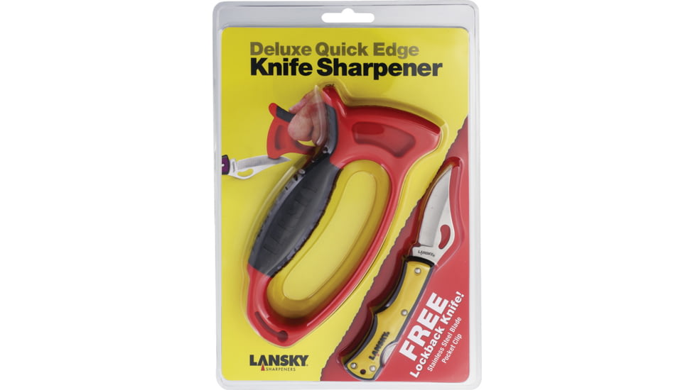 Lansky Sharpeners Knife &amp; Sharpener Combo, 3.13in Overall, Red Plastic Frame w/ Black Rubber Grip, Tungsten Carbide Sharpeners, LSTCN045