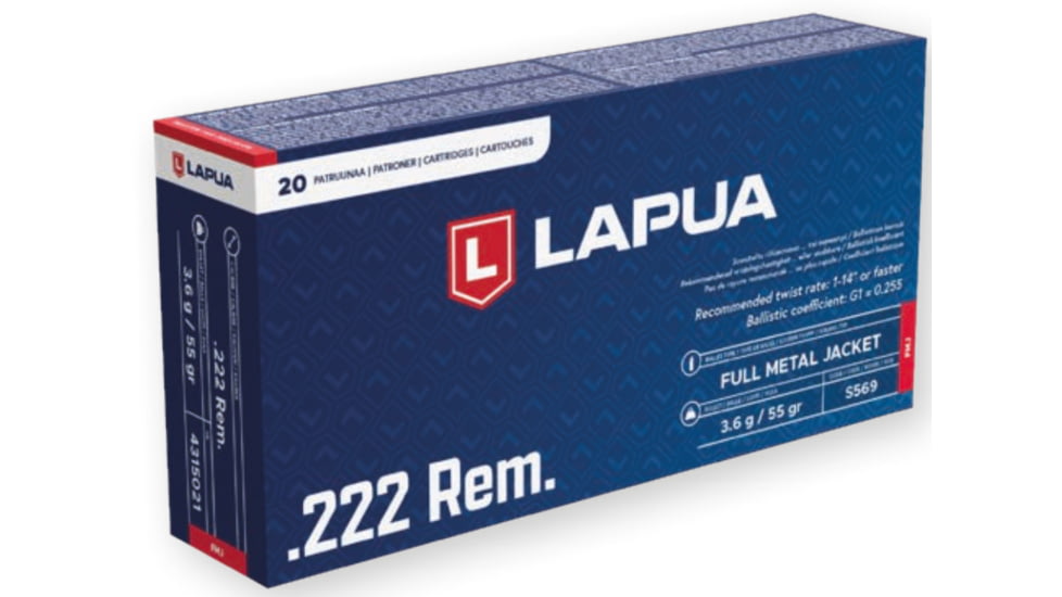 Lapua .222 Remington 55 Grain FMJ Brass Cased Centerfire Rifle Ammo, 20 Rounds, 4315021