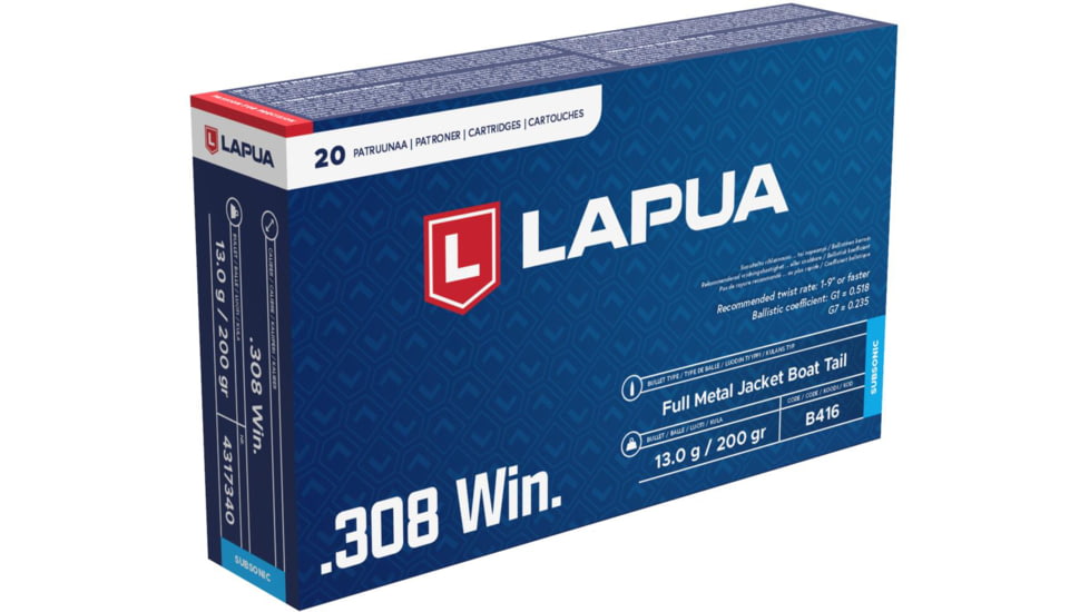 Lapua, .308 Winchester, 200 grain, Subsonic FMJBT, Brass, Centerfire Rifle Ammo, 20, 4317340